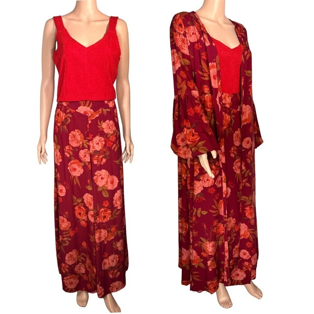 Mia Joy by Joyfolie Brenna 3 Piece Set Red Crop Top Floral Pants Duster Large